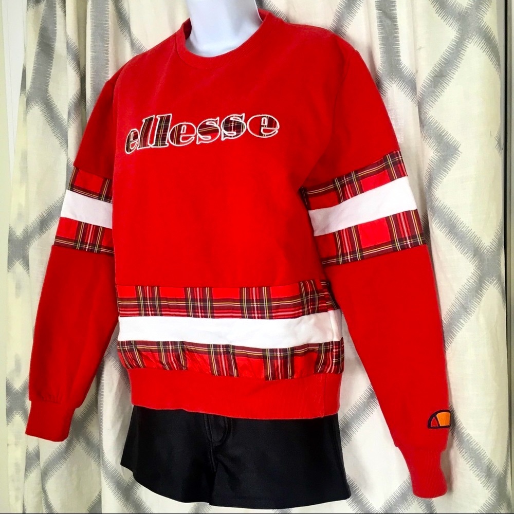 ELLESSE HERITAGE Golf Tartan Plaid Stripe Varsity Crewneck Sweatshirt Red Black